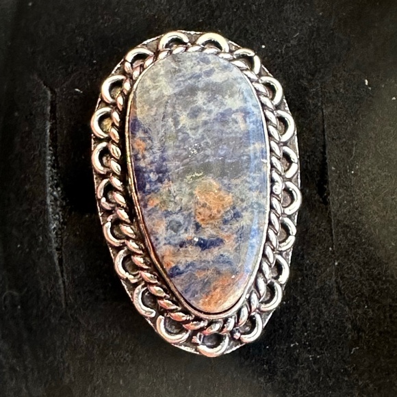 Blue Sodalite Teardrop Shape Stone Silver Plated Brass Adjustable Ring - Picture 4 of 10